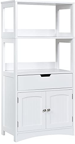 DREAMADE Meuble de Rangement avec Tiroir et 3 Etagères, Armoire de Rangement en Bois avec Compartiment Fermé et Porte, Idéal pour Salle de Bain, Salon, Cuisine et l'Entrée, Blanc