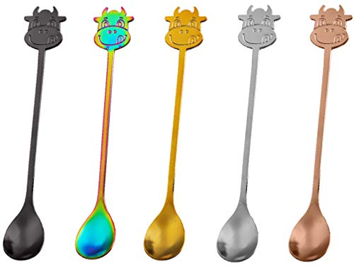 Cabilock 5 Stücke Kaffeelöffel Kuh Kopf Dessertlöffel Kinder Edelstahl Löffel Mokkalöffel Teelöffel Cocktaillöffel Müslilöffel rührlöffel Salat Besteck für Dessert Getränke Milch Kaffee Rührer