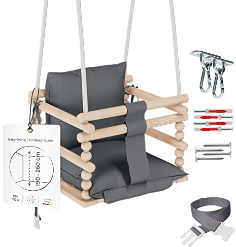 MAMOI® Babyschaukel, Schaukel Indoor und Outdoor, Holzschaukel für Baby und Kinder, Kinderschaukel, Schaukeln aus Holz, Kleinkinderschaukel für kinderzimmer und Aufhängehaken, 3 in 1