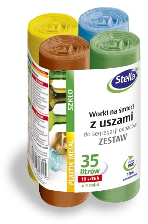 Stella 032174 soppåse med handtag/35 L set | 4 x 10 stycken | av pappersglas organisk metall/plastavfall | soppåse soppåsar för hushållsavfall kontor gjord av tjock LDPE regranulatfolie