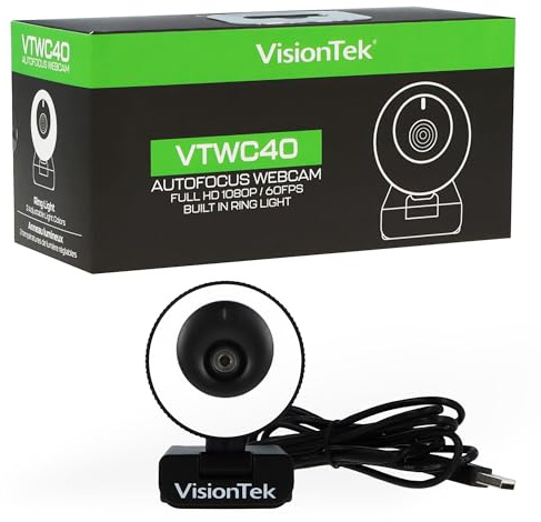 VisionTek VTWC40 Premium Autofocus Full HD 1080P 60FPS Webcam, Chromebook, Videocamera Computer, Microfoni Digitali, Copertura Privacy, Angolo di Visione 96 Gradi di Lavoro, Studio e Stream - 901442