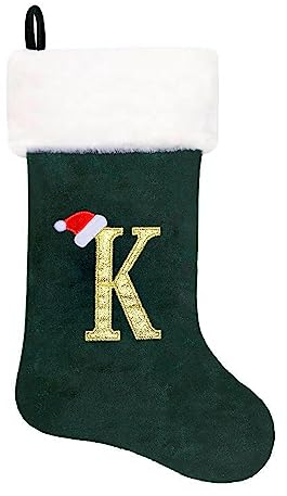 Eoocan 50.8 cm Monogramm-Weihnachtsstrümpfe, grüner Samt mit weißer, superweicher Plüschmanschette, bestickter Weihnachtsstrumpf, klassisch, Urlaub, Dekoration (Buchstabe K)