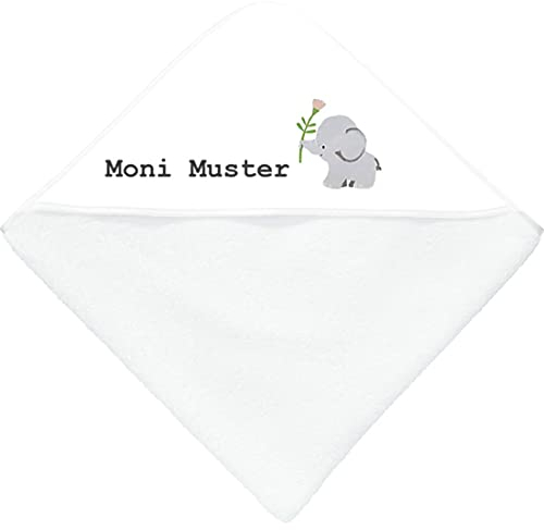 Manutextur Kapuzenbadetuch mit Namen - personalisiert - Motiv Elefant - viele Motive - Kapuzenbadetuch- weiß - Größe 80x80 cm - persönliches Geschenk mit Wunsch-Motiv und Wunsch-Name
