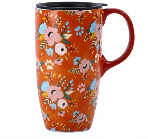 DUSVALLY 500ml Ceramic Travel Mug with Lid, Paw Print Coffee Mug, Floral Pet Lover Tea Cup with Handle, Microwave & Dishwasher Safe, Gift Box Included