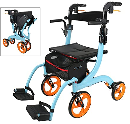 2 in 1 Leichtgewicht-Rollator Gehhilfe mit Komfort-Federung Umbaubar zum Transport-Stuhl Höhenverstellbar Faltbar und Leicht mit sitz und Rückenlehne Gehwagen für Senioren und Behinderte A