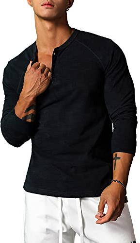 Magliette Uomo Slub Henley Casual Manica Lunga Morbido Comfort vestibilità Regolare Color Nero Size M