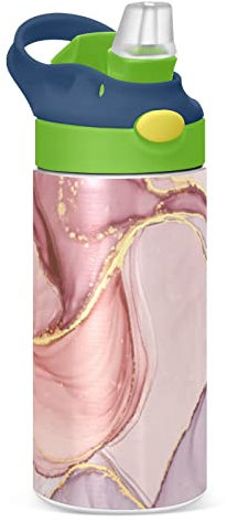 Poeticcity Mixing Acrylic Paints Pink Gold Marble Texture Modern Art Tumbler with Lid & Straw, Boys Girls Stainless Steel Double Wall Cup Water Bottle BPA-Free Vacuum Insulated Thermal Mug 11.8 Oz