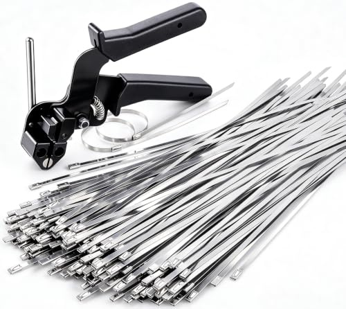 Sinlon Edelstahl-Kabelbinderpistole, Spezialwerkzeug zum Befestigen und Schneiden von Metall-Kabelbindern, mit 150 Stück 30 cm UV-beständigen, robusten Kabelbindern für Zaun, Auspuffrohre im Freien.