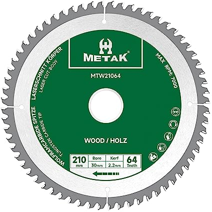 METAK - Lama per sega circolare da 210 x 30 mm, 64 denti, in metallo duro, per legno, compatibile con Metabo, Bosch e molte altre marche, lama da 210 mm, taglio preciso nel legno