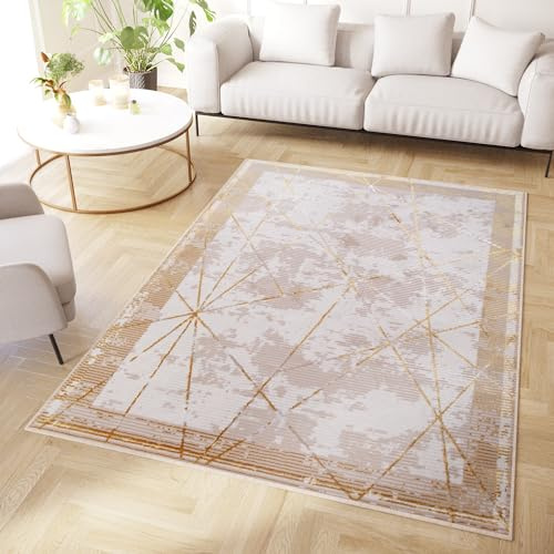 TAPISO Crystal Tapis Poils Courts Moderne Beige Or Lignes Bordé Rayé Effet 3D Brillant Doux Tapis Salon Chambre Adulte Salle à Manger Oeko-TEX 200 x 300 cm