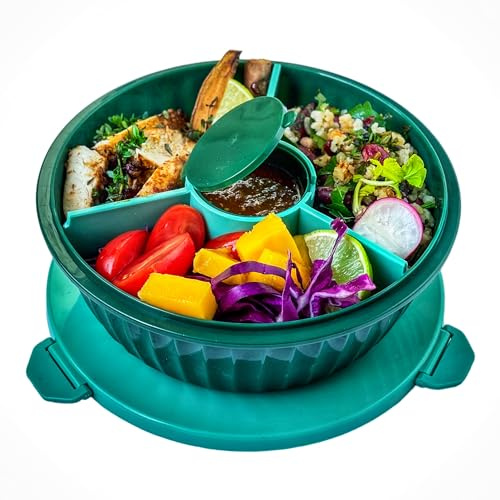 Yumbox Saladier poke avec couvercle étanche, construction durable en plastique, séparateur amovible 4 parties, tasse à tremper, 4,2 tasses (vert kale)