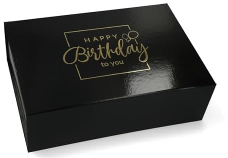 Premium Geschenkbox Geburtstag, Geschenkkarton, Magnetbox, Magnetfaltbox, Geschenkverpackung für Geburtstag mit Schriftzug (Schwarz glänzend mit Gold, 33x22x10)