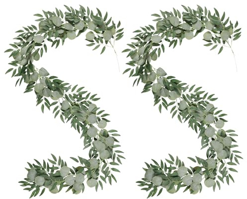 Famibay 2 ghirlande artificiali di eucalipto e salice, 1,8 m, verde eucalipto, runner da tavola, ghirlanda in plastica da appendere per matrimoni, decorazione ad arco da parete
