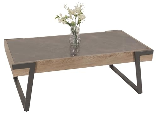Mendler Couchtisch HWC-L89 43x120x64cm, grau-braun | Sofatisch, Wohnzimmertisch, Eisen, Sinterstein, Marmor-Optik, Holz
