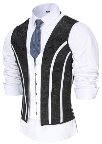 HUAMYTH Chaleco de corsé para hombre, con cordones, para moldear los huesos, vestido vintage, estampado, formal, ajustado, para bodas, Blackprint Mixed White, Small