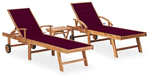 FUDUGEHMIOFWFJJ deckchair,liegestühle,sonnenbank,Sonnenliegen 2 STK. mit Tisch und Auflagen Massivholz TeakGeeignet für Garten, Pooldeck, Terrasse, Wohnzimmer