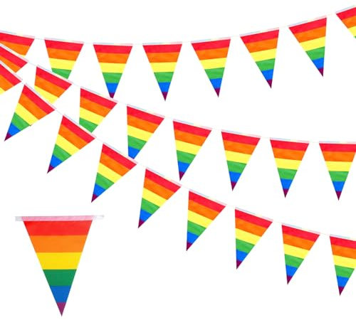 Bandera arcoíris de 26.6 pies, banderines del orgullo gay con 25 banderas triangulares, banderines de rayas coloridas LGBT para decoraciones de orgullo, mes del orgullo, hogar, escuela, bares,