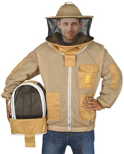 Be Noble 3 Layer Beekeeping Ventilated Jacket With Two Veils. Fully protective Metal Zipper Jacket with Round Veil and Fencing Veil. (Khaki, 2XL)