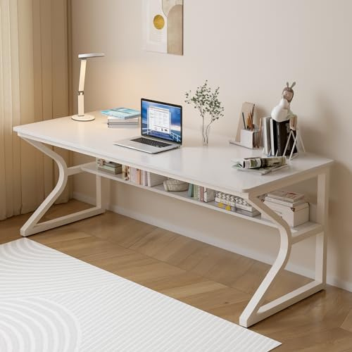 OSCHF Extra Long Desk with Bookshelf - 63 Double Long Writing Table for 2-Person Workstation, Modern Study Work Computer Desk for Home and Office, Warm White