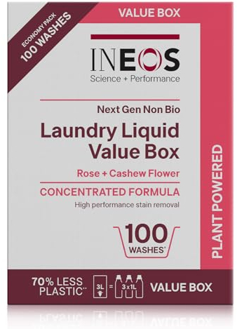 INEOS Next Gen Non Bio Laundry Washing Liquid Detergent, Stain Removal for Clothes, Plant Powered, Eco value box Rose + Cashew Flower 3L, Stress Relieving Fragrance, Vegan, Cruelty Free