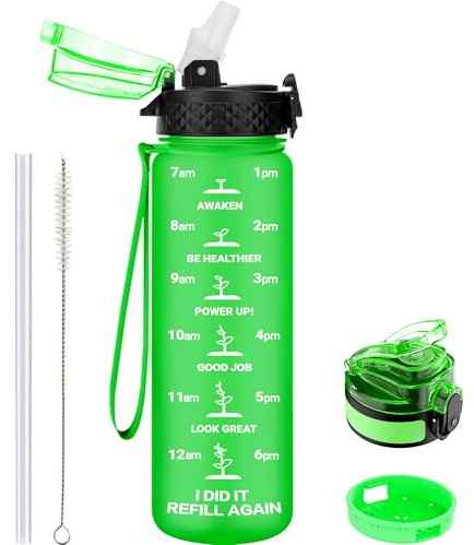 GOPPUS 500ml/17oz Kids Water Bottles with Straw Tritan Childrens Bottle with Flip Top Lid BPA Free Measured Drinks Bottle with Strap Sports Reusable Time Markings Leakproof (Grass Green)