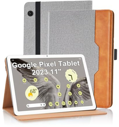 Vkooer Hülle für Google Pixel Tablet 2023 11 Zoll mit Dokumentschlitze Premium PU Leder Segeltuch Folio Stand Schutzhülle Tasche Cover Case für Google Pixel Tablet 2023 11 Zoll, Grau