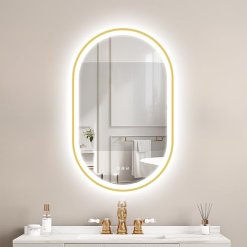 STARLEAD Guld oval LED-badrumsspegel med belysning 80 x 50 cm, Bluetooth, dimbar, 3 ljusfärger, avbrytning, minnesfunktion, HD härdat glas, IP44, horisontell/vertikal, icke-metallisk ram