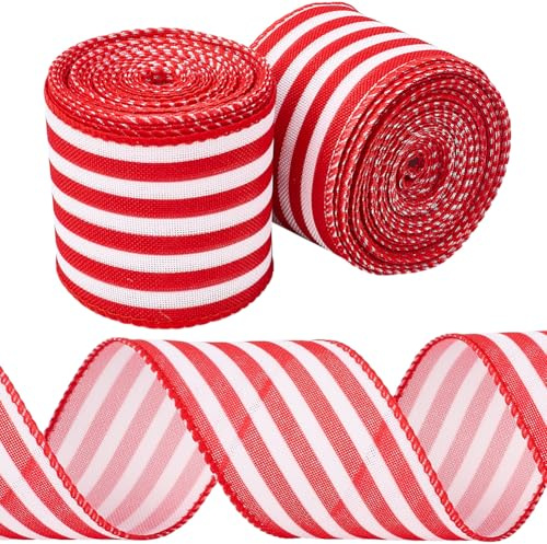 CABODYALS Cintas de Rayas Blancas Y Rojas de 10 m Cinta de Satén con Borde de Grogrén de Poliéster Estampada de Una Sola Cara para Envolver Regalos Hacer Coronas Decoración de Festivales Suministros p