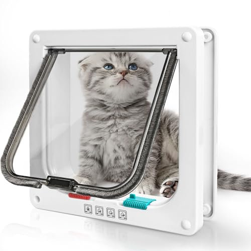 LUOJINYI Katzentür, ABS-Acryl Katzenklappe Innentür, Sicherheits-Haustiertür mit 4-Wege-Schloss, 19.8×19×5.5cm Einfache Installation Hundeklappe für Innen- und Außentür, Fenster, Wand (Weiß, M)