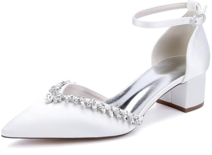 TNMIUH Scarpe da Sposa comode con Tacco Basso e Strass da Donna, Eleganti décolleté in Raso, bellissime Scarpe da Scarpe col Tacco a Blocco per Matrimonio e Sera,Bianca,41 EU