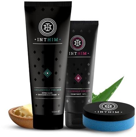 IntHim Enthaarungscreme Intimbereich Männer Doppelpack – Sanfte, gründliche Haarentfernungcreme ohne Rasur + DermaClean Pro Schwamm + Männer After Shave