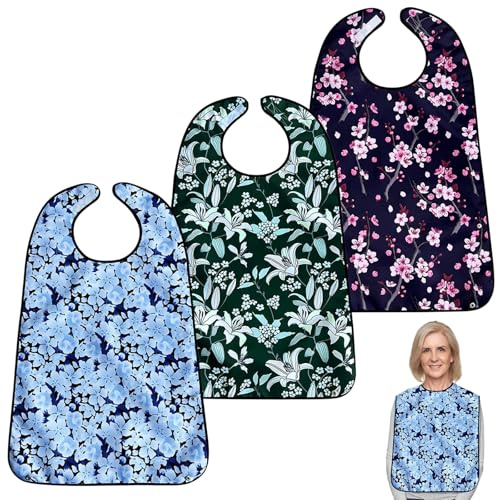 3 Pcs Adult Bibs, Waterproof Reusable Bib with Crumb Catcher for Women Men, Adult Bibs for Elderly Washable, Flower Printed Adjustable Clothing Protectors for Elderly, Senior, Disabled, Convalescents
