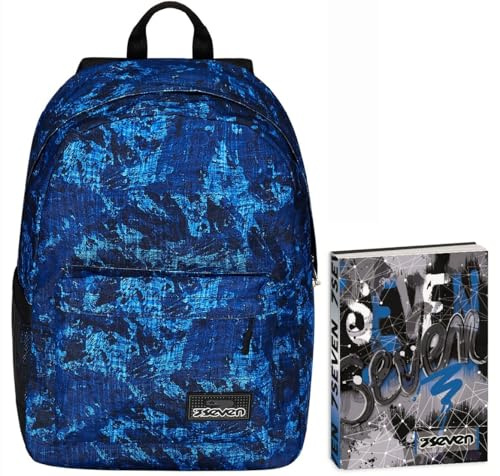 Seven Zaino Monoscomparto IschoolPack, Blu e Rosa, Con Power Bank integrato e Usb Plug, Scuola e Viaggio + Seven Diario Scuola Standard 12 Mesi, Blu, Ragazzo