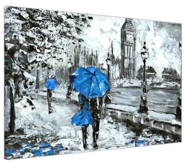UK Print House Romantic Walk In London With Umbrella Canvas Wall Art - Premium Prints and Decor for Office, Study, Living Room, Kitchen Large (Blue 30 x 20 cm - 12 x 8 inch)