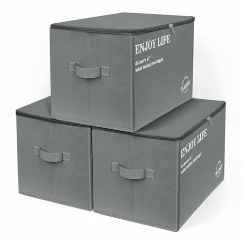 OSTWOLKE Aufbewahrungsbox mit Deckel Stoff, 37 x 25 x 26 cm, 3er Set | Stoffboxen Aufbewahrung mit Griff & Reißverschluss, faltbare Stoffbox Groß, Boxen Aufbewahrung für Kleidung, Zeug, Grau