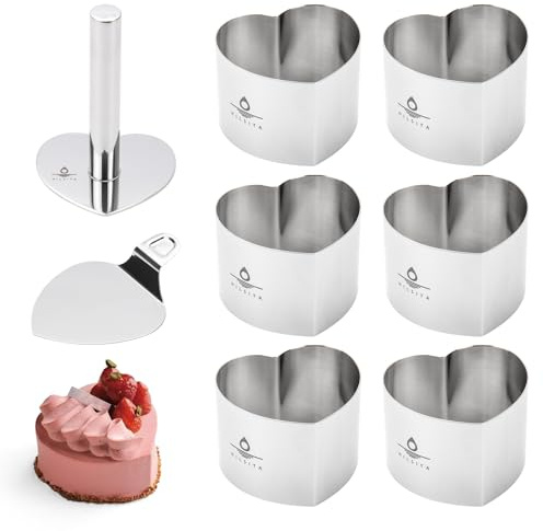 Hilsita 6PCS 3 Inch Heart Dessert Cake Rings with Press & Spatula, Stainless Steel Cooking Moulds for Freezer, Oven & Dishwasher Safe
