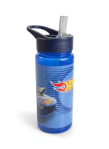 Hot Wheels Water Bottle 500ml Leak-Proof Flip-Top Bottle with Carry Handle BPA-Free, Removable Straw, Portable & Lightweight Ideal for Kids School, Sports & Travel, Blue