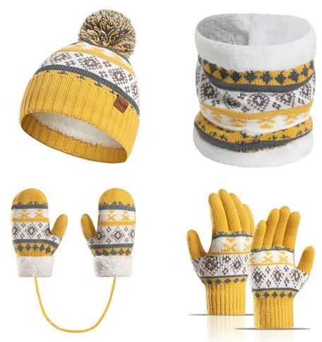 Generisch Gorro infantil, bufanda, guantes, conjunto para niñas y niños, gorro de invierno, bufanda tubular, calentador de cuello, forro polar grueso suave, gorro de pompón elástico para niños regalo