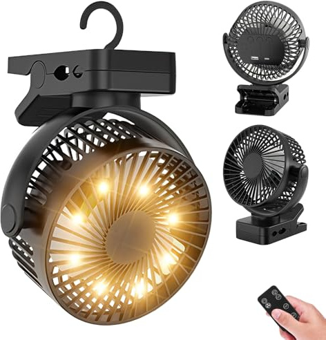 LYPPUL Camping Ventilator, 12000 MAh Mini USB Ventilator Leise mit Fernbedienung & Timerfunktion, 3 Geschwindigkeiten, 360° Drehung Clip Fan mit LED Licht & Haken Für Büro Zuhause Zelt Auto Wohnmobil