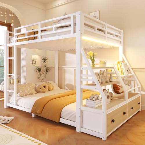 Ojjxh Metall Etagenbett, Kinderbett 140x200 cm, Hochbett mit LED und Leiter, Jugendbett mit 2 Stoffschubladen und Stauraum Ablagen, Metallbett mit Lattenroste und Rausfallschutz, Weiß, ohne Matratze