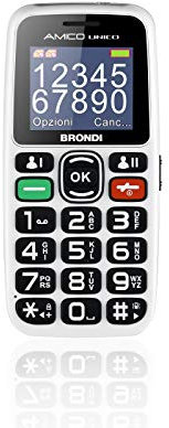 Brondi Amico Unico, Telefono cellulare, Sbloccato, 0.02 GB, GSM per anziani con tasti grandi, tasto SOS e funzione da remoto, dual SIM, volume alto, Bianco