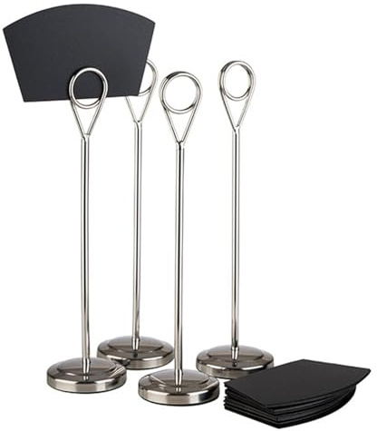 APS 71516 4er-Set Tischkartenhalter, Kartenhalter, Fotohalter, inkl. 20 schwarzen Beschriftungskartenaus Polypropylen (10 x 6 cm), Ø 5 cm, Höhe 20,5 cm, Edelstahl hochglanzpoliert