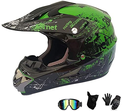 UIGJIOG Motocross Helm mit Brillen Maske Handschuhe, Herren Damen Motorrad-Helm Off-Road Downhill-Enduro-Helm-ATV-MTB-BMX Dirt Bikes Quad Motorräder Full-Face Schutz-Helm,D,L(56~57cm)