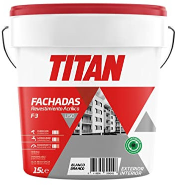 Titan - Pintura F3 Revestimiento Acrílico Liso - Interior exterior- Blanco mate - 15 L