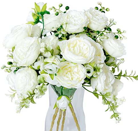 JUSTOYOU 4 Bunches Artificial Peony with 20 Heads Flowers Fake Peonies Silk Flowers Roses Bouquets for Wedding Home Table Party Window Decoration (WHITE)