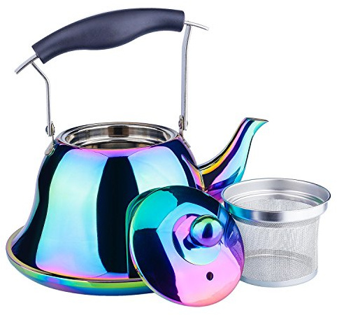 Onlycooker Whistling Tea Kettle Stainless Steel Stovetop Teakettle with Infuser Sturdy Teapot for Tea Coffee Fast Boiling Color Rainbow Mirror Finish 2 Liter / 2 Quart