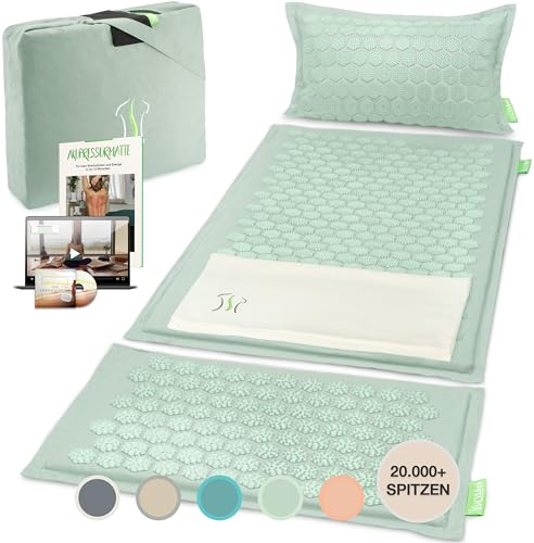 BACKLAXX ® Akupressurmatte mit Kissen, XL [+120% mehr Fläche], Tuch und Tasche, Akupunktur Matte mit Stacheln zur Massage und Entspannung von Nacken und Schulter, Massagematte Rücken