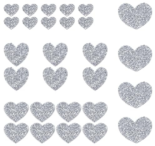 HOBBIESAY 28 Stück Herz Strass Aufnäher Herz Bügelflicken Zum Aufnähen Handgefertigte Herz Applikation Herz Bling Patches Silber Für Selbstgemachte Kleidung Jeans Handtaschen Rucksäcke Jacken Schuhe