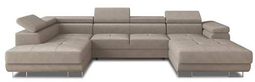 Sofnet Wohnlandschaft Caris U mit Schlaffunktion und einstellbare Kopfstützen, Ecksofa mit Zwei Bettkästen, Couch, Sofa, Bettsofa (Beige (Paros 02), Ecksofa Rechts)