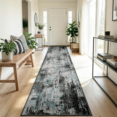 DEFYNEE Teppich Läufer 60 x 180 cm, rutschfest Teppichläufer, Kurzflor Küchenläufer, Waschbar, Faltbar, Abstraktes Design für Eingang, Küche, Wohnzimmer & Büro, Blau-Schwarz
